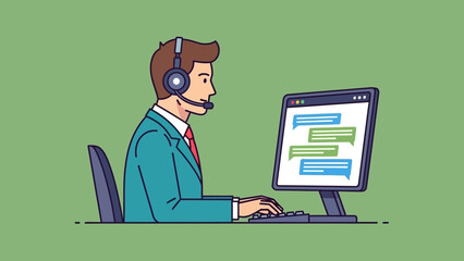 Man Wearing Headset Working on Computer.