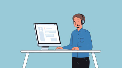 Man Wearing Headset Working on Computer.