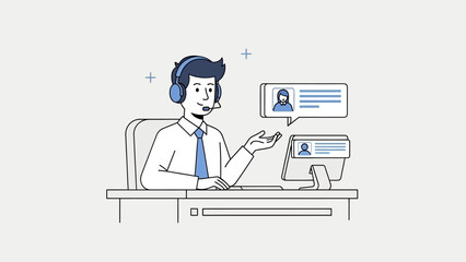 Man Wearing Headset Working on Computer.