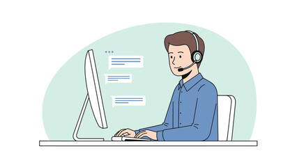 Man Wearing Headset Working on Computer.