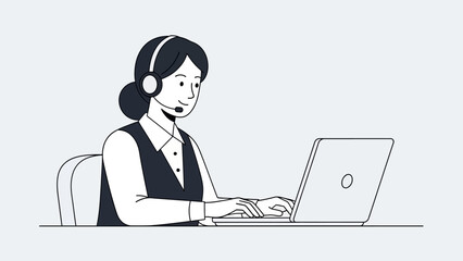 Woman Wearing Headset Using Laptop Computer.
