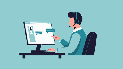 Man Wearing Headset Using Computer.