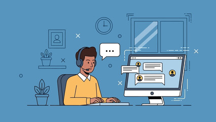 Man Wearing Headset Working on Computer.