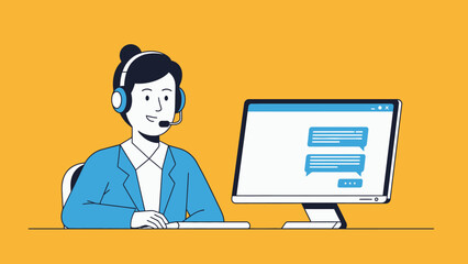 Woman Wearing Headset Working on Computer.