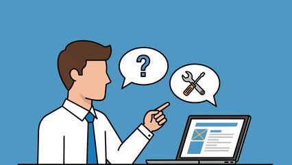 Man Pointing at Laptop with Thought Bubbles.