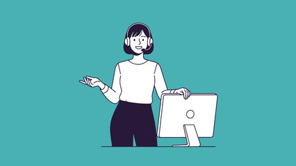 Woman Wearing Headphones Standing with Computer.