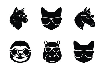 Fototapeta premium Cool animal head icons in sunglasses featuring wolf cat horse sloth and hippopotamus vector silhouettes
