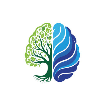 A stylized illustration of a human brain, with the left hemisphere depicted as a vibrant green tree and the right hemisphere as flowing blue waves, symbolizing balance and holistic thinking.