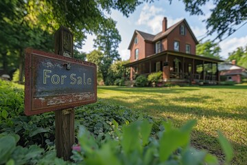 A weathered for sale sign stands prominently on a well-maintained lawn in front of a historic house. Fall leaves are scattered, hinting at the season's change