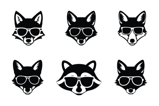 Cool fox and raccoon head silhouettes wearing sunglasses, black animal mascot vector icons set isolated on white background