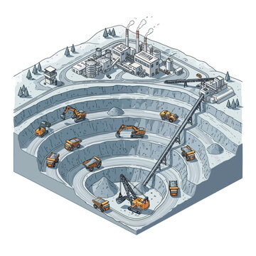 Isometric illustration of an open pit mine with heavy machinery and processing plant.
