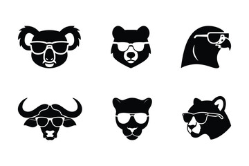 Set of cool animal head icons wearing sunglasses koala bear eagle buffalo panther and cougar vector silhouettes  © gfx_alamin88
