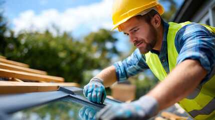 Professional worker installing skylight window on residential roof structure, velux installation, yellow safety vest, rooftop work, natural light solution, protective gloves, home 