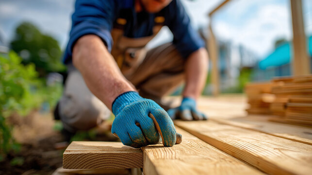 Building new wooden outdoor deck with timber planks in backyard garden, close-up installation, deck construction, garden improvement, carpentry work, residential outdoor project, w