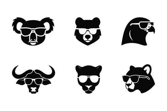 Set of cool animal head icons wearing sunglasses koala bear eagle buffalo panther and cougar vector silhouettes 