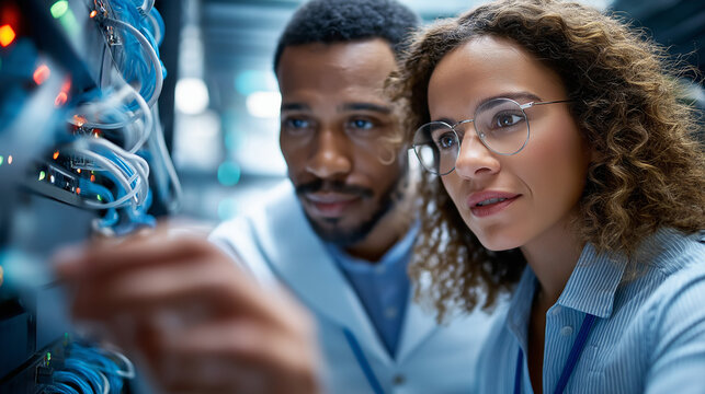 Technology professionals installing server enclosures and network cables in AI facility, data center construction, heavy-duty cabling, specialized staff, technology infrastructure, - Powered by Adobe