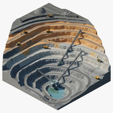 Isometric View of a Large Open-Pit Mine with Heavy Machinery and Terraced Levels.