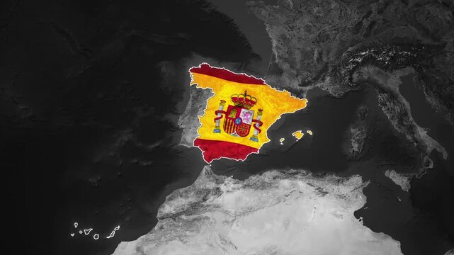 Vibrant Spanish map animation with national flag colors on a grayscale European background