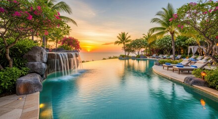 Obraz premium Tropical resort infinity pool cascades into turquoise water during a vibrant sunset over the ocean