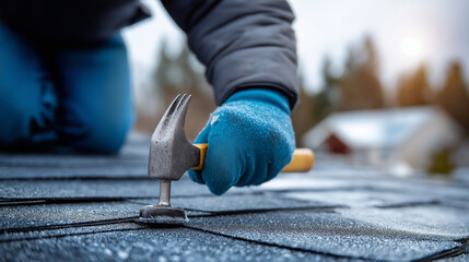 Fototapeta premium Close-up of gloved hands using hammer on frosted asphalt roof shingles during cold weather, roof repair, winter construction, shingle installation, weather conditions, roofing main