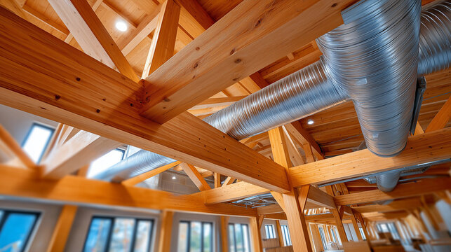 New residential construction showing wooden beams and ventilation ductwork in home setting, HVAC installation, building interior, home construction, duct system, residential develo