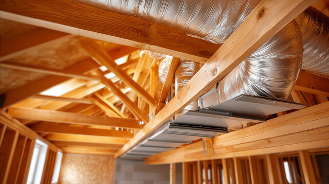 New residential construction showing wooden beams and ventilation ductwork in home setting, HVAC installation, building interior, home construction, duct system, residential develo