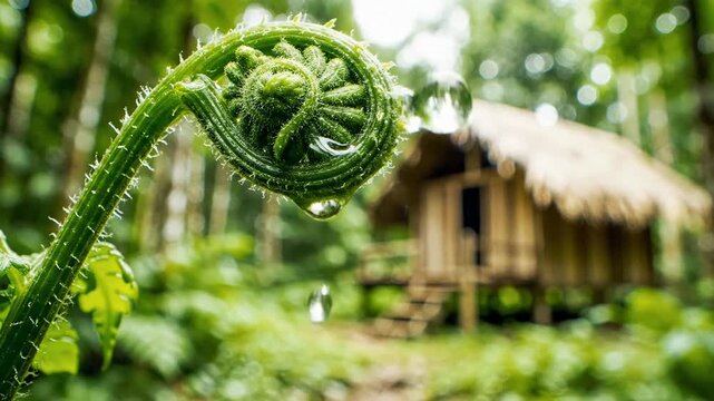 Vibrant green fern frond unfurls with dew drops in lush jungle with rustic bamboo hut in soft focus background natural light lush foliage overhead shot
