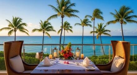 Naklejka premium Intimate dining setting for two overlooks a brilliant tropical ocean vista framed by palm trees