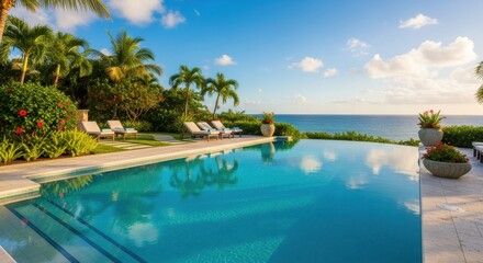 Fototapeta premium Luxurious infinity swimming pool overlooks expansive turquoise ocean under clear blue sky