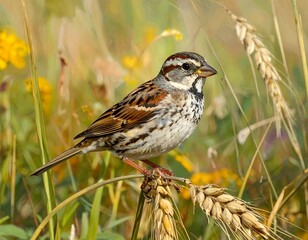 Fototapeta premium A close-up view of a small, patterned bird perched atop a stalk of wheat, amidst a blurred background of greenery and yellow flowers