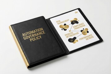 Obraz premium Comprehensive Automation Governance Policy Document Featuring Risk Management, Compliance Framework, Process Optimization, and Performance Metrics Detailed on Elegant Presentation