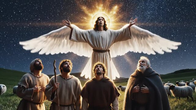 A celestial angel with luminous wings descends from a radiant halo, speaking to a group of awe-struck shepherds in a grassy field under a vast, star-filled night sky.