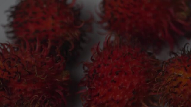 Macro close-up of ripe red rambutan fruits. Exotic tropical fruit with hairy skin texture moving on a clean background. High quality 4K footage for food, healthy lifestyle, and Southeast Asian agricul