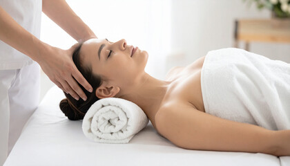 Young woman relaxing and enjoying massage therapy in spa salon, representing wellness lifestyle, stress relief, self care, beauty treatment, and relaxation concept.