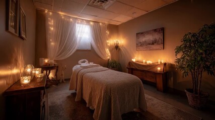 Soft ambient lighting gently illuminates a tranquil spa room creating an inviting atmosphere ideal for relaxation and peaceful meditation.