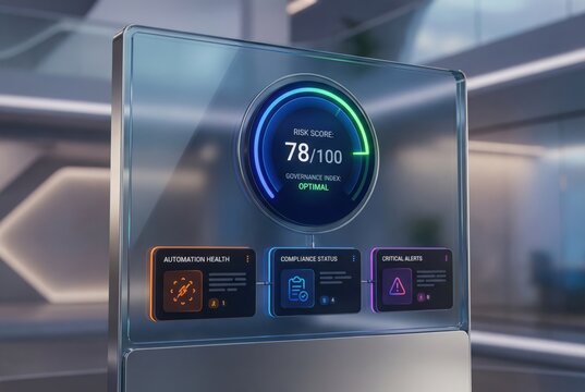 High tech risk assessment dashboard displaying 78 score and optimal governance metrics with automation health alerts in a futuristic corporate environment