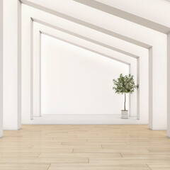 Fototapeta premium Empty room with irregular shapes creating, white wall and wood floor. 3d rendering