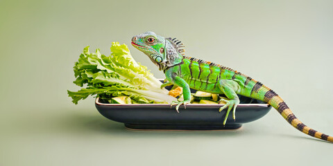 Green Iguana with Fresh Lettuce in Bowl. Concept of exotic pet care, reptilian nutrition, and healthy animal lifestyle for veterinary services. Shot for pet shops and wildlife educational content
