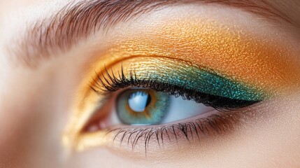 A captivating close-up of an eye enhanced with vibrant gold and green eyeshadow, complete with striking winged eyeliner, offering a bold, artful look.