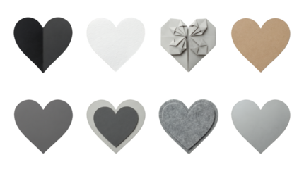 Heart shape set including paper, origami, felt, cardboard, and metallic textures isolated. Romantic craft and valentines day decorative elements.