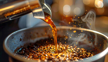 Close up of Dark Roasted Coffee Beans being Tumbled in a Stainless Steel Roasting Pan with Warm Golden Lighting and Steam Rising Off the Beans