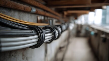 A close up of bundled electrical cables and rusty pipes organized along a concrete wall in an industrial utility corridor
