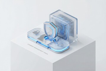 Innovative digital token design showcasing consent management with a sleek shield icon, padlock symbol, and transparent circuit block representing data protection in modern technology