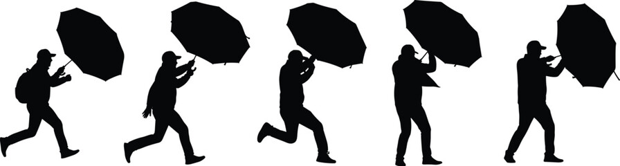 Silhouettes of person walking and running with umbrella in wind, black and white vector art showing motion and weather struggle