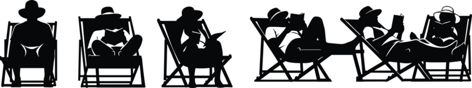 Silhouettes of people reading on deck chairs in relaxed poses for leisure, vacation, beach, and lifestyle design themes