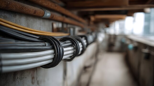 A close up of bundled electrical cables and rusty pipes organized along a concrete wall in an industrial utility corridor