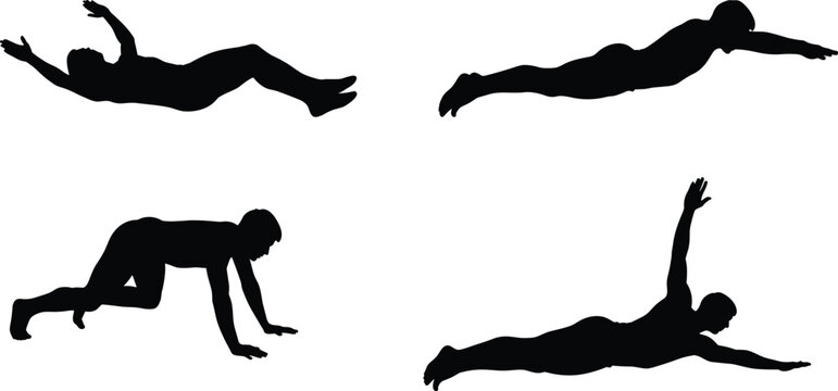 Silhouettes of person performing bodyweight exercises and stretches&mdash;dead bug, superman, crawling, and dynamic prone pose vector art