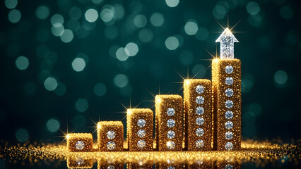 Sparkling gold bar chart with diamonds and upward trend arrow