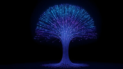 Glowing blue tree with vibrant purple lights on black background