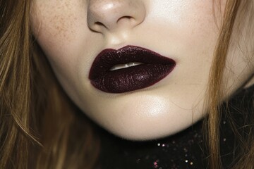 Close-up of lips adorned with bold, dark lipstick, freckled skin and flowing hair. A powerful statement of beauty and fierce individuality.